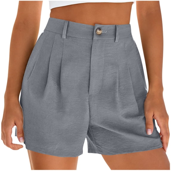 HADST Women's High-Waisted Pleated Shorts with Button Closure Lightweight Cotton Linen Loose Fit Summer Shorts for Casual