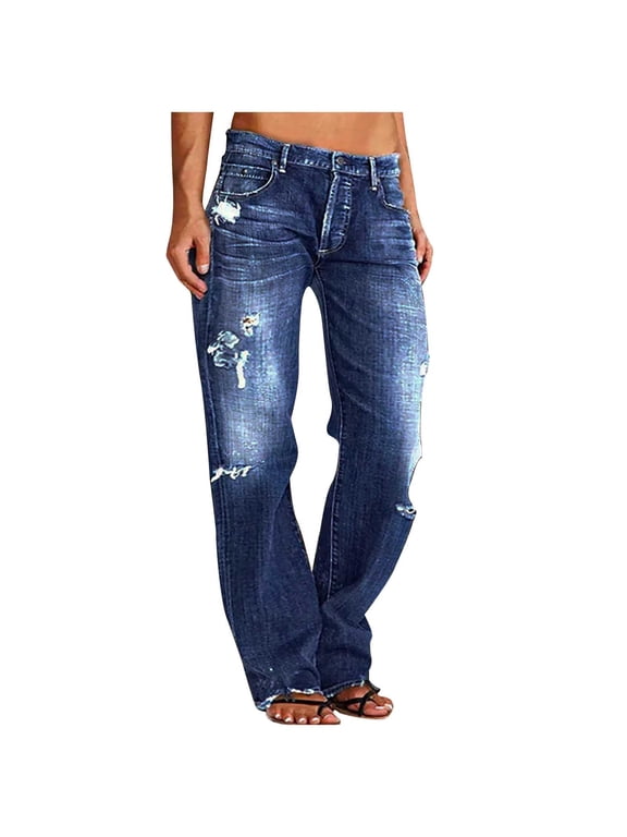 Women's High Waisted Ripped Straight Leg Jeans Distressed Denim Pants with Faded Wash Loose Fit Bottoms