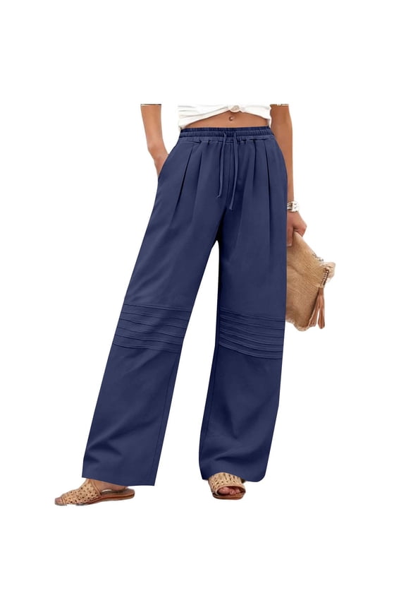 Women's High Waisted Wide Leg Pants with Elastic Waistband & Drawstring Pleated Front Stitched Detail Side Pocket Trousers