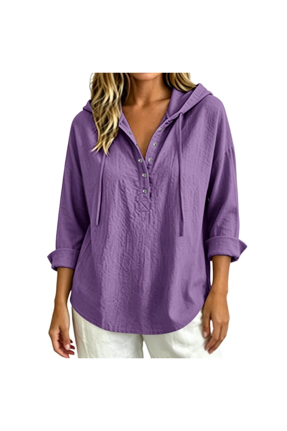 Women's Hooded Half-Button-Down Top with 3/4 Sleeves Casual Drawstring Hood Blouse and Rounded Hem Shirts