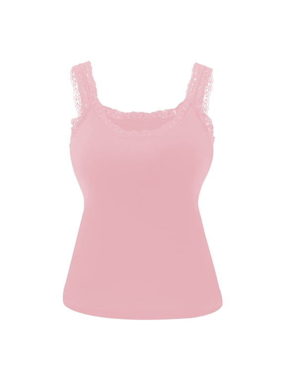 Women's Lace Trim Camisole Tops Built-in Bra Square Neck Tank Tops, Stretchy Casual Layering Camis for Daily Wear