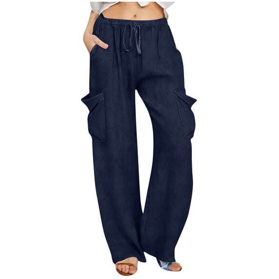 HADST Women's Lightweight Cargo Pants with Drawstring Waist Loose Fit Wide Leg Beach Trousers with Side Pockets for Vacation