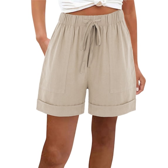 HADST Women's Linen Blend Drawstring Shorts, Casual Elastic Waist Summer Shorts with Rolled Cuffs and Patch Pockets