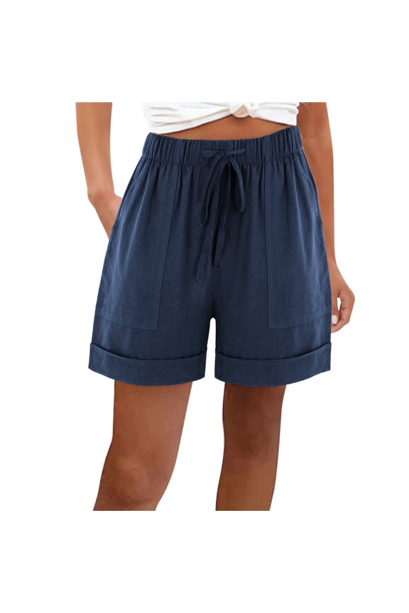 Women's Linen Blend Drawstring Shorts, Casual Elastic Waist Summer Shorts with Rolled Cuffs and Patch Pockets