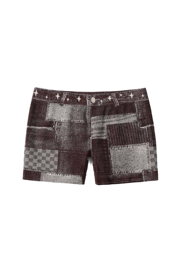 Women's Mid Rise Denim Booty Shorts, Patchwork Print Stretch Jean Shorts, Retro Casual Bottoms for Daily Wear