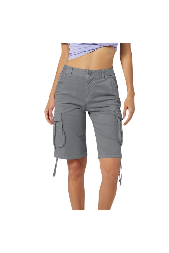 Women's Mid Rise Washed Cargo Shorts, Slim Fit Utility Shorts with Tie Cuffs, Soft Casual Bottoms for Daily Wear