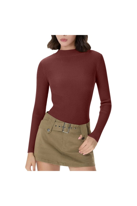Women's Mock Neck Ribbed Knit Sweater Slim Fit Long Sleeve Stretchy Soft Basic Layer Pullover Top
