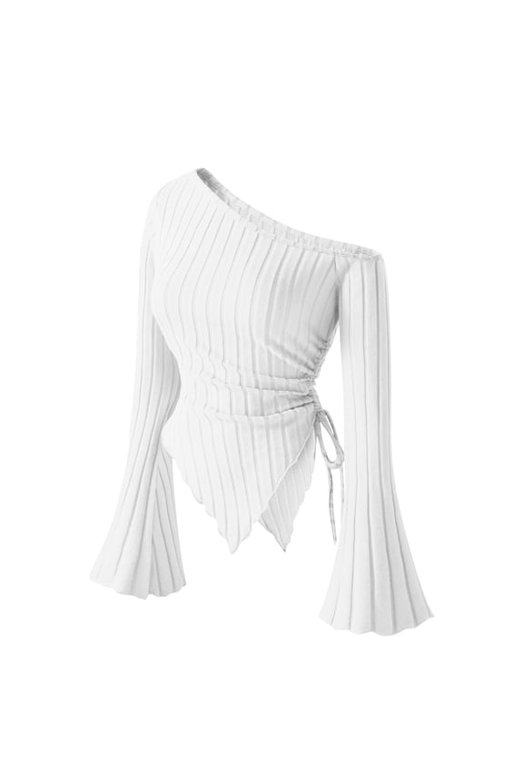 Women's One Shoulder Ribbed Knit Top Flare Long Sleeve Side Drawstring Asymmetric Scalloped Hem Slim Crop Blouse