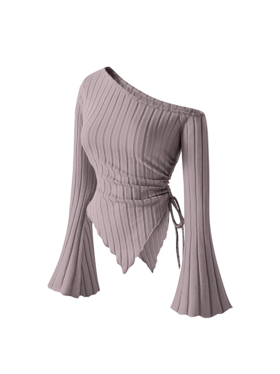 Women's One Shoulder Ribbed Knit Top Flare Long Sleeve Side Drawstring Asymmetric Scalloped Hem Slim Crop Blouse