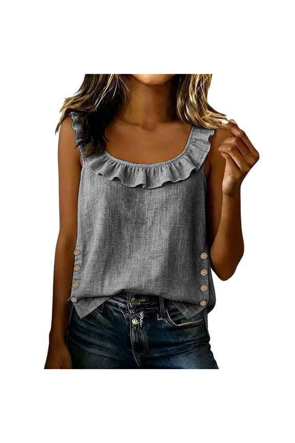Women's Peter Pan Collar Sleeveless Vest, Square Neck Tank Top with Ruffle Trim, Loose Cotton Linen Button Decor Blouse