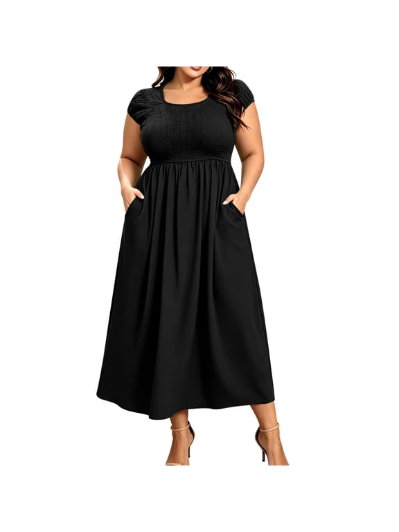 Women's Plus Size Square Neck Short Sleeve Midi A-Line Dress, Puff Sleeves High Waist and Pleated