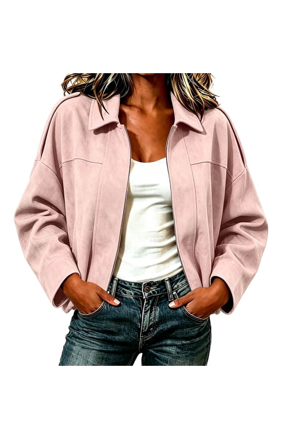 Women's Retro Faux Suede Short Work Jacket, Collared Drop-Shoulder Zipper Casual Jacket, Loose Fit Short Commuter Top