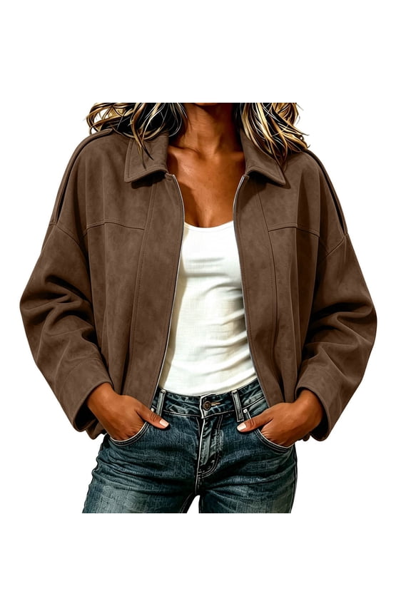 Women's Retro Faux Suede Short Work Jacket, Collared Drop-Shoulder Zipper Casual Jacket, Loose Fit Short Commuter Top