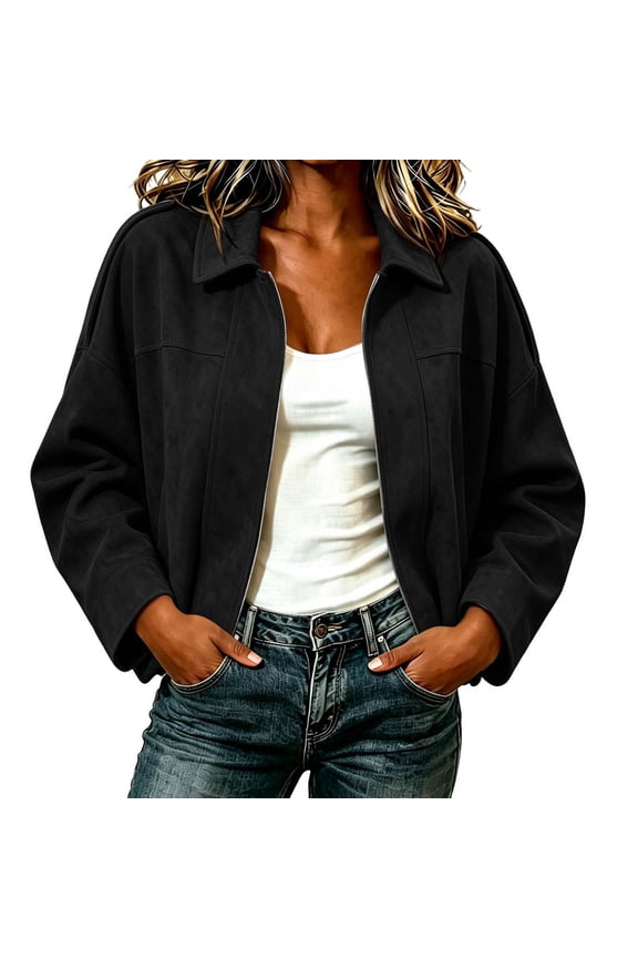 Women's Retro Faux Suede Short Work Jacket, Collared Drop-Shoulder Zipper Casual Jacket, Loose Fit Short Commuter Top