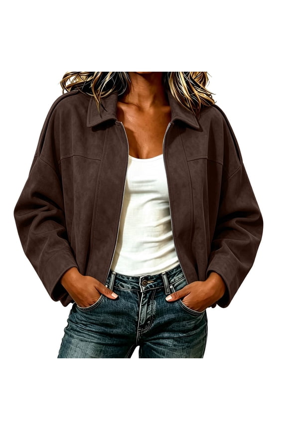Women's Retro Faux Suede Short Work Jacket, Collared Drop-Shoulder Zipper Casual Jacket, Loose Fit Short Commuter Top