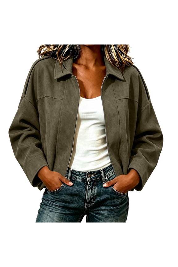Women's Retro Faux Suede Short Work Jacket, Collared Drop-Shoulder Zipper Casual Jacket, Loose Fit Short Commuter Top