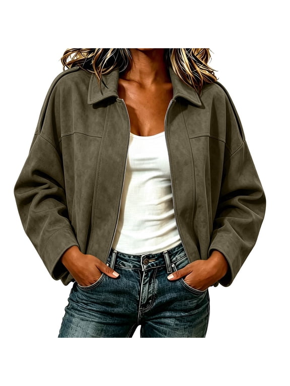 Women's Retro Faux Suede Short Work Jacket, Collared Drop-Shoulder Zipper Casual Jacket, Loose Fit Short Commuter Top
