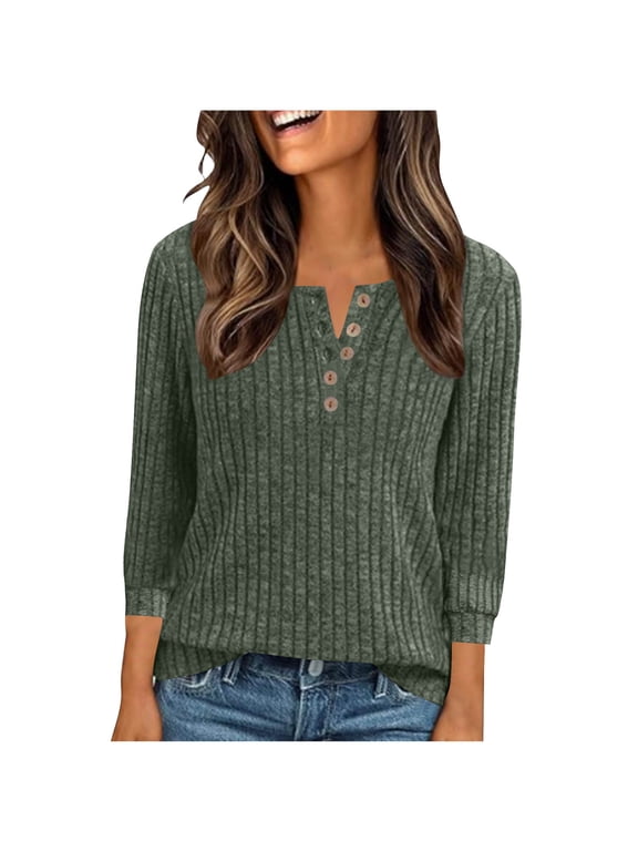 Women's Ribbed Henry V-Neck 3/4-Sleeve Knit T-Shirt, Loose-Fit Half-Button-Down Base Layer, Casual Solid-Color Top