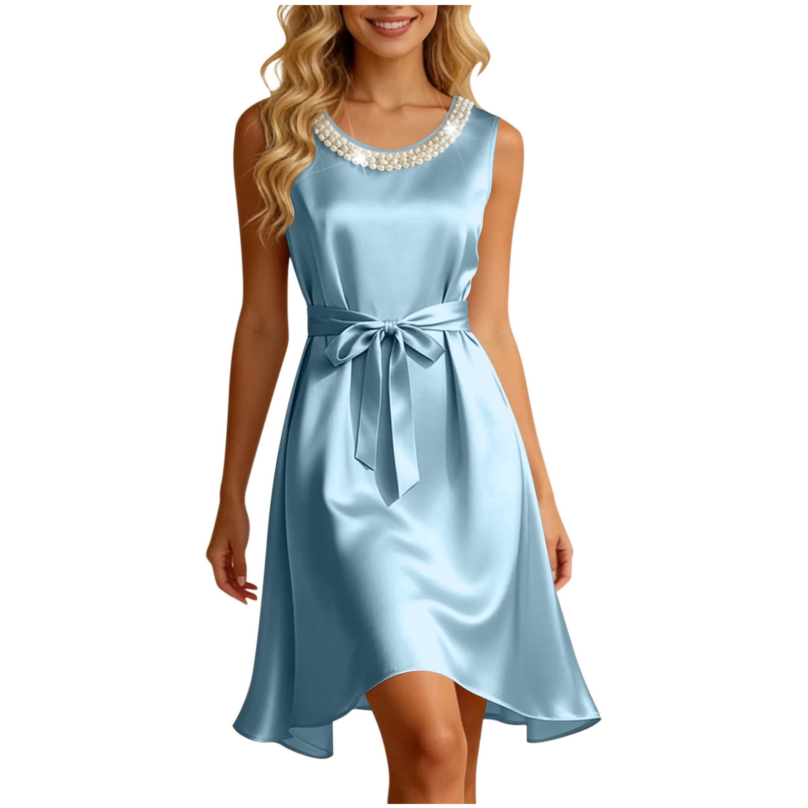 Hadst Women's Satin A-Line Midi Dress with Pearl Collar, Dressy Sleeveless Fitted Waist Dress,High Waist Belted Party Dress, Size: Medium