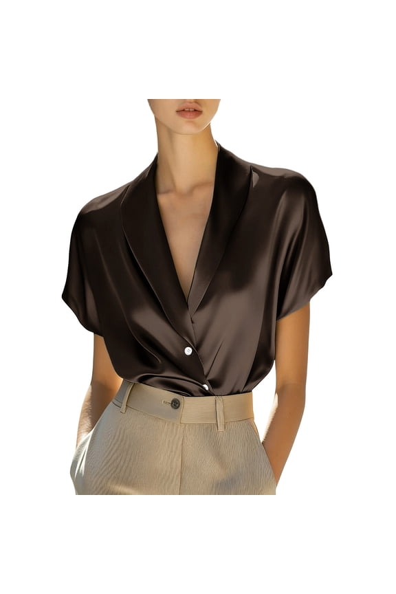 Women's Satin Blouses Short Sleeve Wrap V-Neck Tops, Silky Elegant Shirts for Business