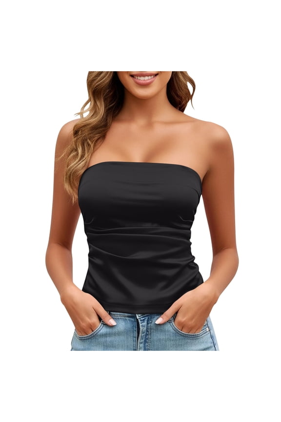 Women's Satin Strapless Bandeau Tops Slim Fit Ruched Tube Tops, Stretchy Casual Crop Tops for Summer & Layering