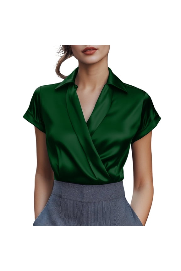 Women's Satin Wrap V-Neck Blouses Short Sleeve Collared Casual Tops, Silky Elegant Shirts for Office