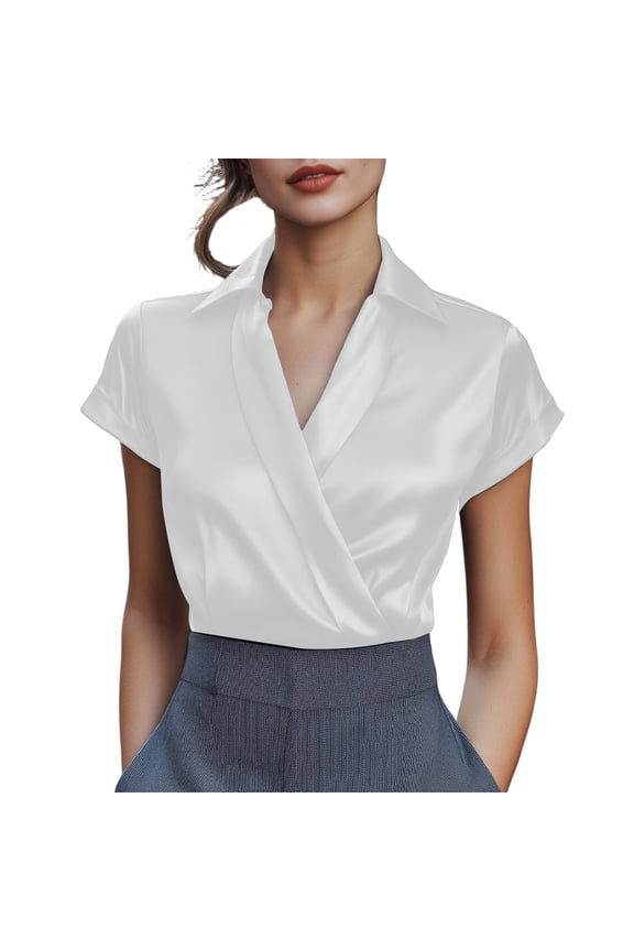 Women's Satin Wrap V-Neck Blouses Short Sleeve Collared Casual Tops, Silky Elegant Shirts for Office