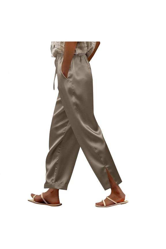 Women's Shiny Satin Pants with Drawstring Waist Lightweight Silky Fabric Ankle Slit Design Loose Fit Trousers for Beach