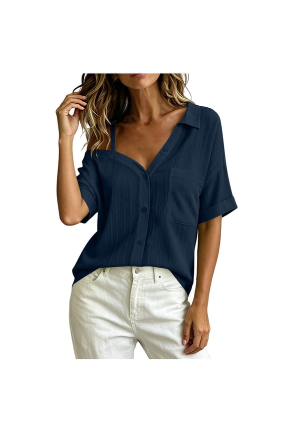 Women's Short-Sleeve One-Shoulder Blouse Collar Spaghetti Strap Button Front Top Chest Patch Pocket Rolled Cuffs Shirts