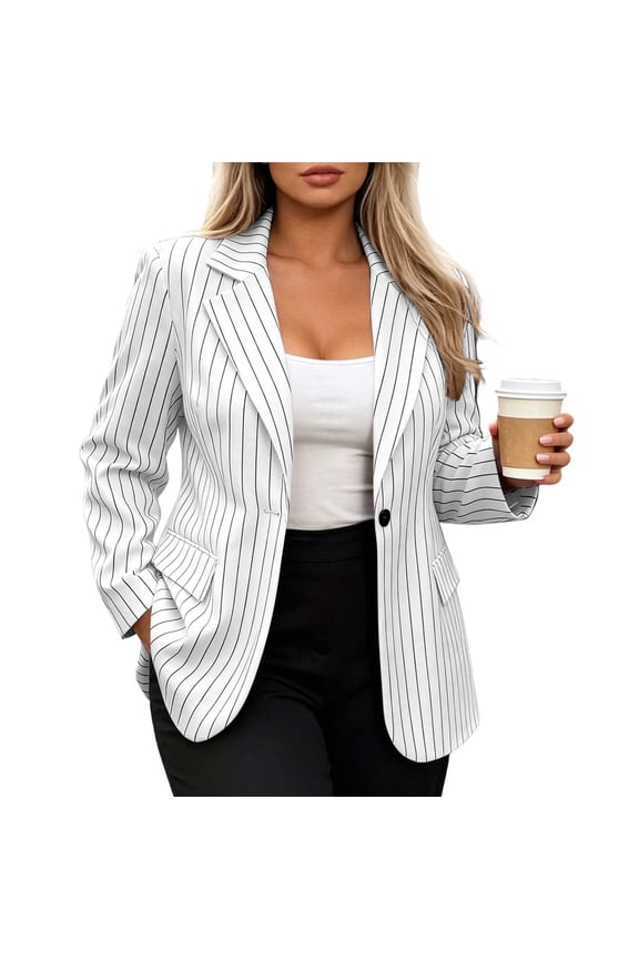 Women's Single-Button Casual Blazer, Notched Lapel with Padded Shoulders, Striped Commuter Suit