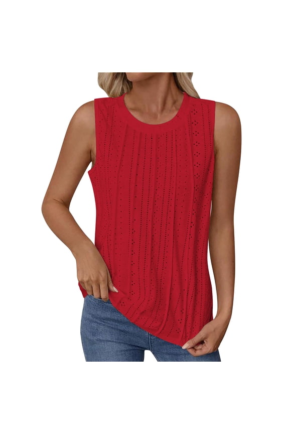 Women's Sleeveless Crew Neck Tank Top, Casual Pointelle Eyelet Blouse, Breathable Summer Shirt for Daily Wear