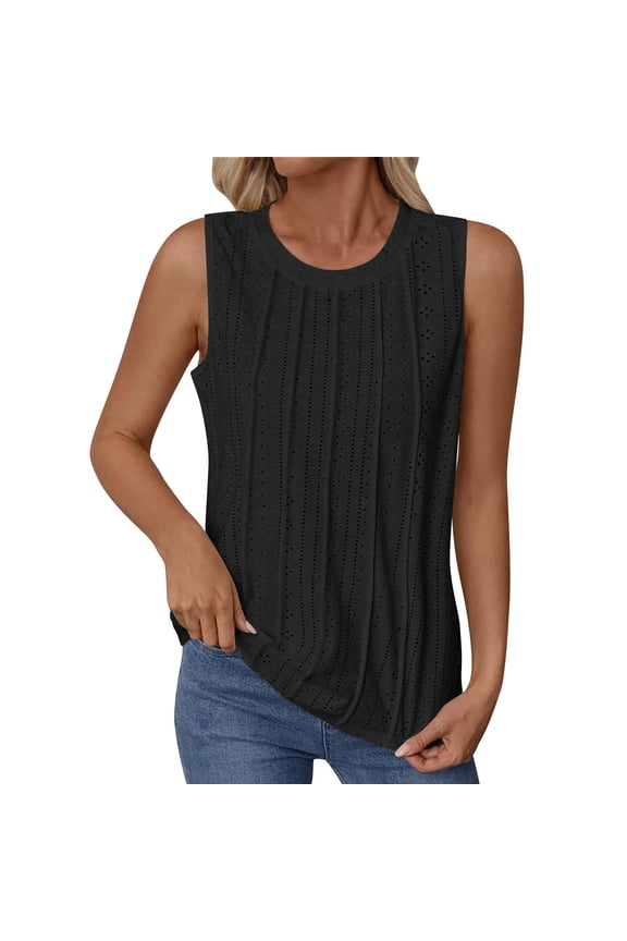 Women's Sleeveless Crew Neck Tank Top, Casual Pointelle Eyelet Blouse, Breathable Summer Shirt for Daily Wear