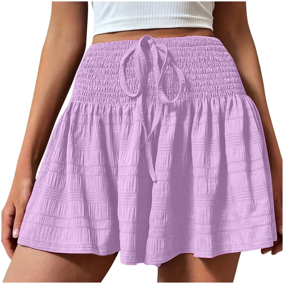 HADST Women's Smocked Waist Flared Mini Skorts, High Waisted Casual Skirts with Drawstring Detail, Summer Skirts for Daily Wear