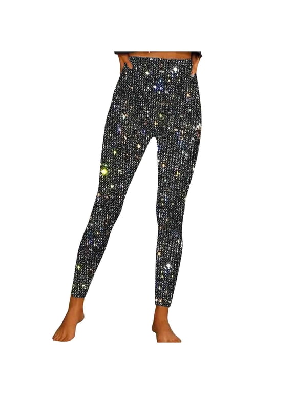 Women's Sparkle Sequin Leggings High Waisted Shiny Metallic Pants with Glitter Print, Stretchy Slim Fit Bottoms for Party