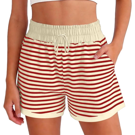 HADST Women's Striped Ribbed Shorts with Drawstring Waist & Side Pockets Lightweight Loose Fit Summer Shorts for Beach