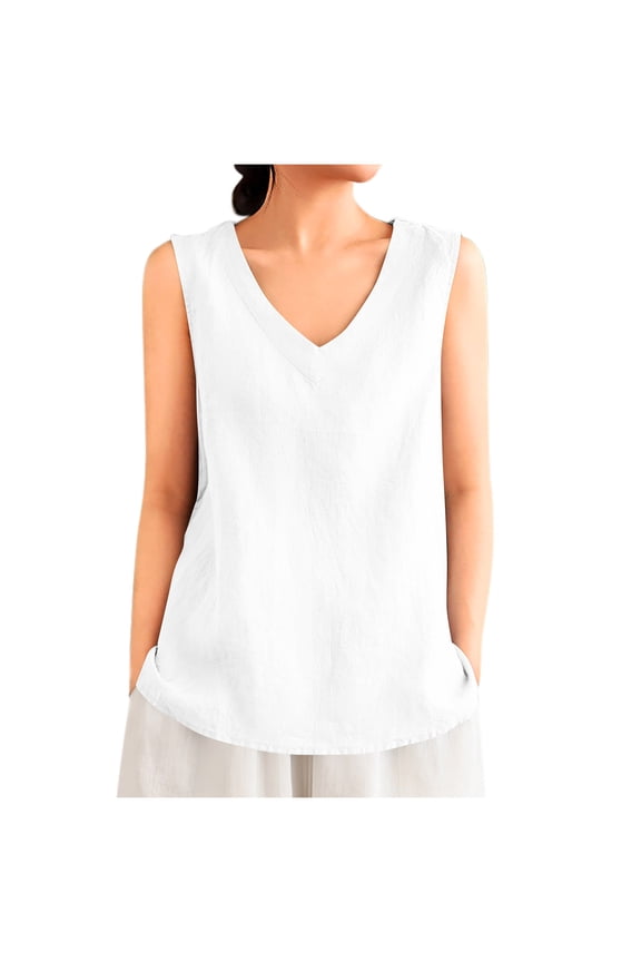 Women's V-Neck Sleeveless Cotton Linen Tank Tops Loose Fit Summer Shirts, Solid Color Perfect for Hot Weather