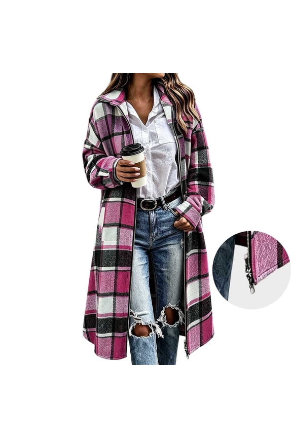 Women's Vintage Checkered Lapel Zipper Shirt Jacket Loose Fit Knee-Length Cardigan, Long-Sleeve Checkered Coat