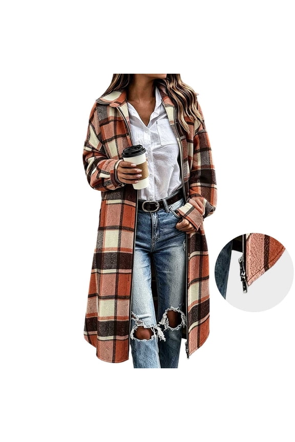 Women's Vintage Checkered Lapel Zipper Shirt Jacket Loose Fit Knee-Length Cardigan, Long-Sleeve Checkered Coat