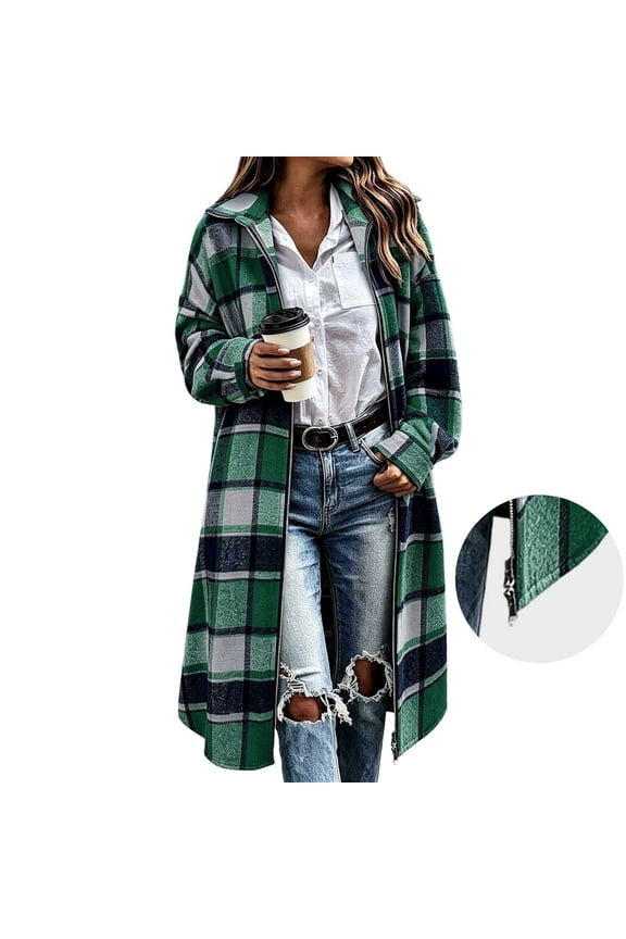 Women's Vintage Checkered Lapel Zipper Shirt Jacket Loose Fit Knee-Length Cardigan, Long-Sleeve Checkered Coat