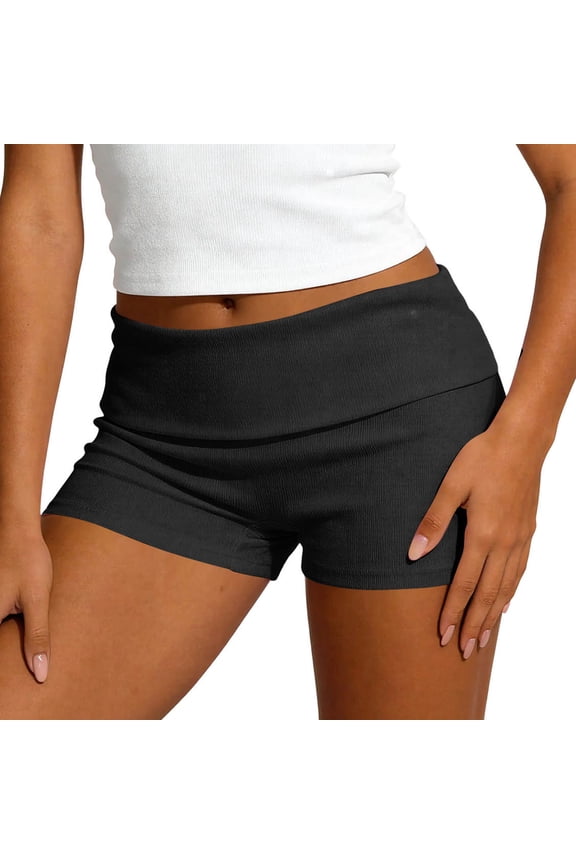 Women's Y2K Fold Over Low Rise Elastic Waist Micro Mini Shorts Skinny Lounge Stretch Knit Hot Pants