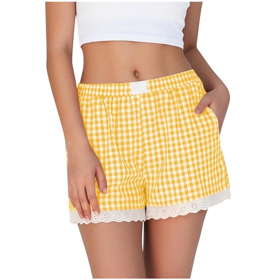 HADST Women's plaid Casual Shorts with Eyelet Lace Trim Elastic Waist Loose Fit Summer Shorts with Side Pockets for Loungewear