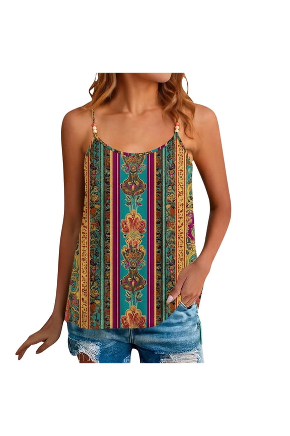 Womens Beaded Spaghetti Strap Tank Tops Scoop Neck Print Sleeveless Cami Summer Beach Vacation Casual Tops
