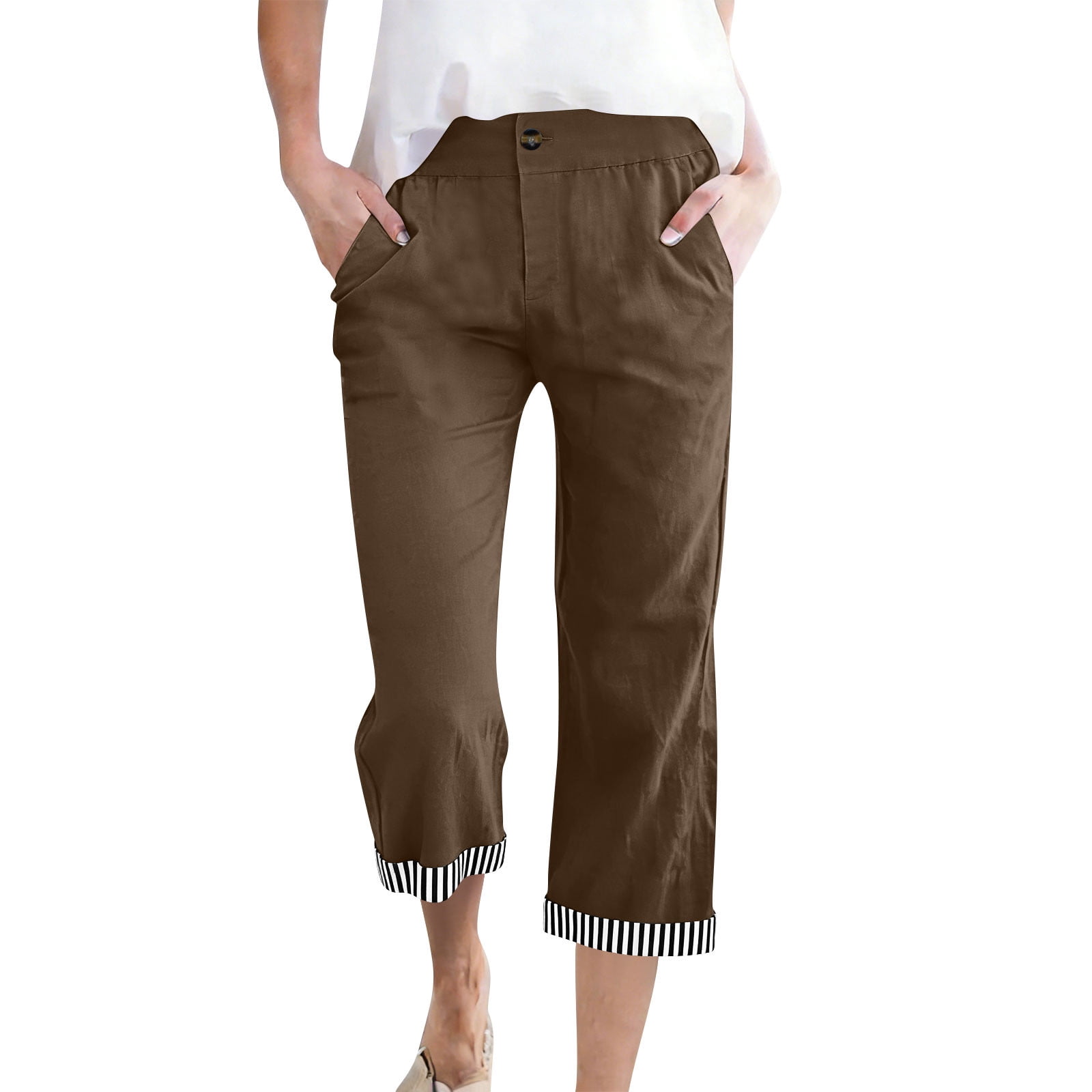 HADST Womens Button Closure Capri Pants with Striped Rolled Cuffs ...