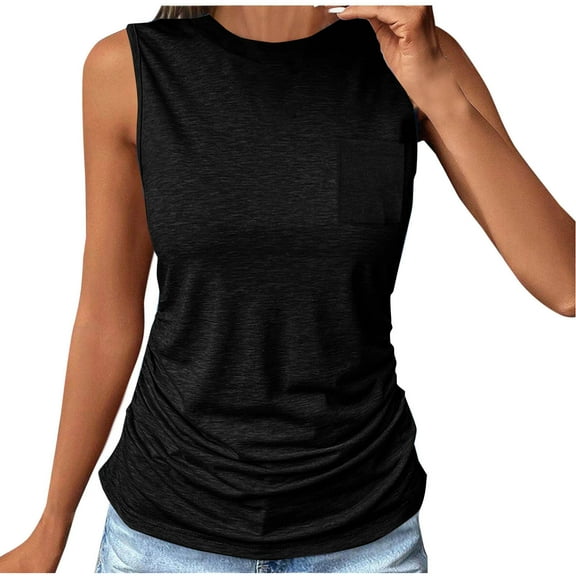 HADST Womens Casual Flowy Tank Tops Crew Neck Loose Trendy Sleeveless Ruched Shirts with Pocket Summer Clothes Outfits