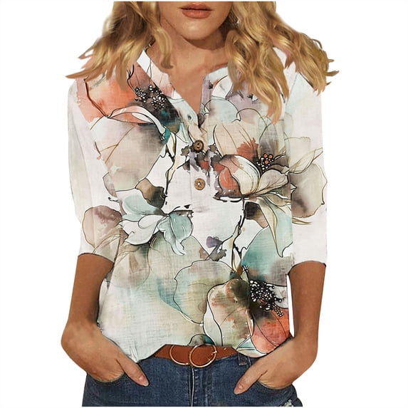 HADST Womens Casual Tops - Floral Print V Neck Button Cotton Linen Tops Boho Tops for Women