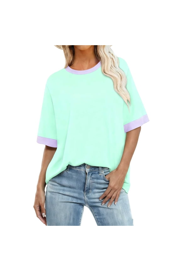 Womens Crew Neck Oversized Short Sleeve Tops Summer Color Block Ringer Tee Dressy Blouse