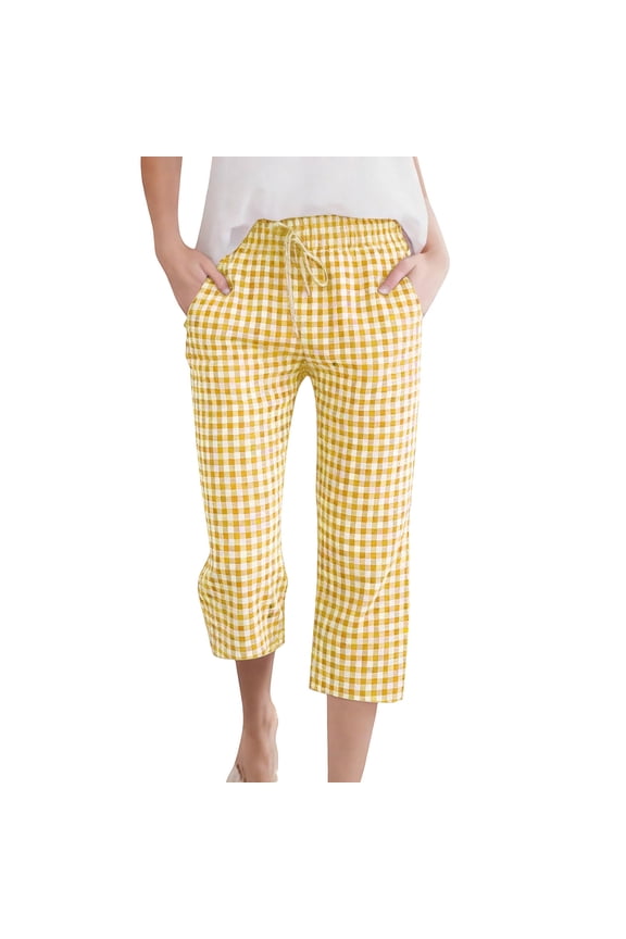 Womens Gingham Drawstring Capri Pants with Side Pockets Straight Leg Loose Fit Trousers for Casual & Lounge Summer Wear