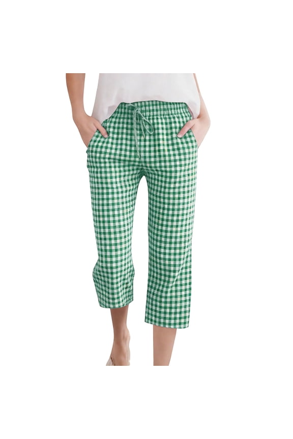 Womens Gingham Drawstring Capri Pants with Side Pockets Straight Leg Loose Fit Trousers for Casual & Lounge Summer Wear