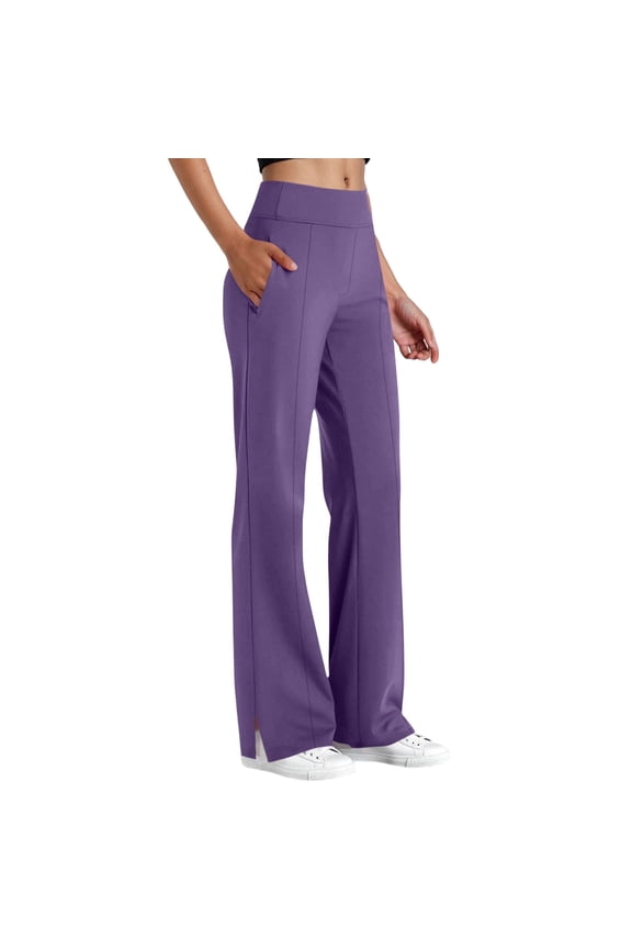 Womens High Waisted Straight Leg Pants Side Slit Hem Stretchy Seam Detail Side Pockets Trousers for Work