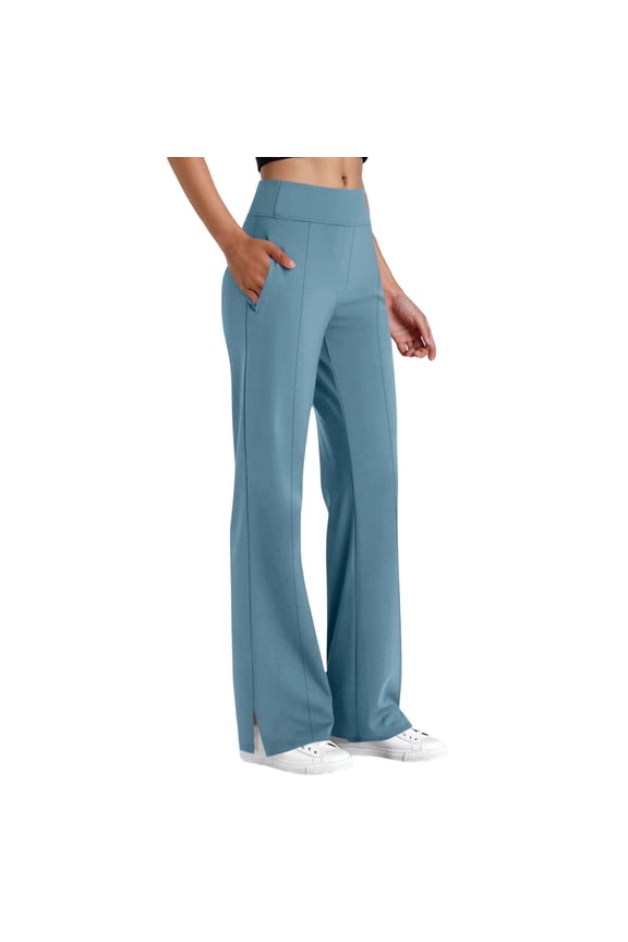Womens High Waisted Straight Leg Pants Side Slit Hem Stretchy Seam Detail Side Pockets Trousers for Work